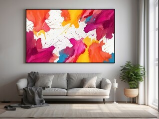 Abstract Painting Above a White Sofa in a Minimalist Living Room