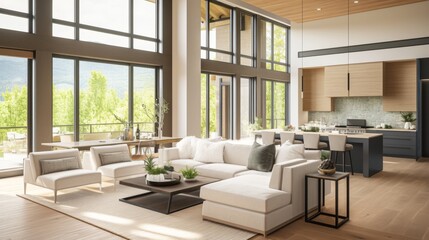 Fototapeta premium Luxurious Open-Concept Living: AI-Generated Interior Design of Modern Apartment. Stunning Minimalist Kitchen, Dining, and Living Area with Panoramic Windows. Elegant Architectural Visualization for Re