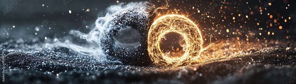 Poster a stunning visual of contrasting elements featuring a dynamic interaction between light and dark, sy