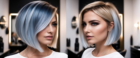 Colored Ombre hair extensions. Beauty Model Girl blonde with short bob purple hairstyle isolated on gray background. Closeup woman portrait.