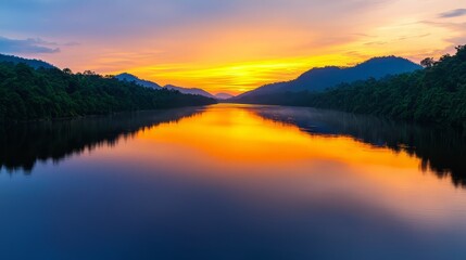 Fototapeta premium A serene landscape featuring a river reflecting a stunning sunset, surrounded by lush mountains and tranquil nature.