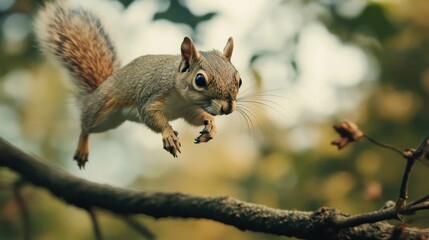 Fototapeta premium A Squirrel Leaping Through the Air in a Forest