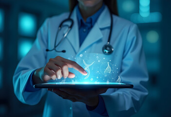 A medical professional, using advanced technology in a tablet with a holographic display. On a blue background