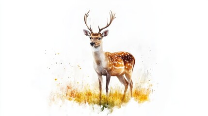 A graceful deer stands in a vibrant meadow, showcasing its elegant antlers and spotted coat, surrounded by nature's beauty.