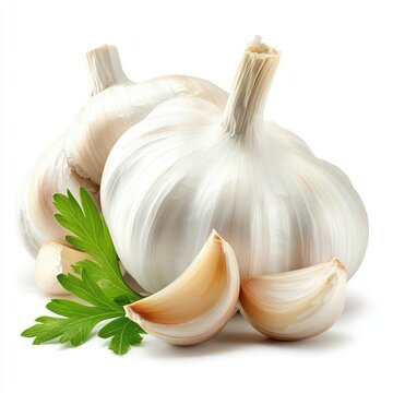 Fresh whole garlic bulbs and cloves with parsley.