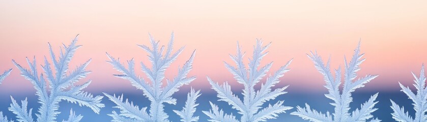 A serene winter landscape featuring delicate frost patterns against a soft pastel sky during dawn.