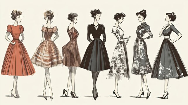 Seven Fashionable Women in Elegant Dresses