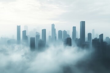 Fototapeta premium A misty skyline filled with towering skyscrapers, creating a mysterious urban atmosphere perfect for various projects.