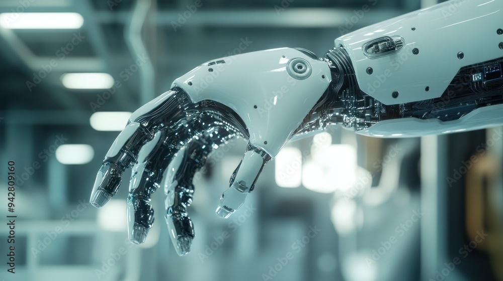 Poster Close-up of a Robotic Hand with Fingers Spread Open in a Factory Setting