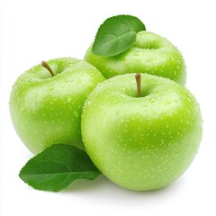 Fresh green apples with water droplets, one sliced in half.