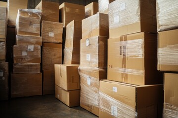 Warehouse Stacked with Cardboard Boxes on Pallets