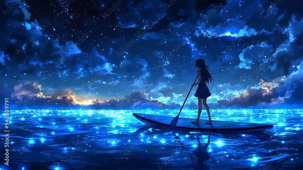 Sticker Woman on Paddleboard Under a Starry Sky.