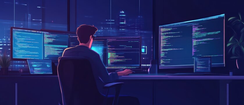 A programmer working late at night, illuminated by multiple screens displaying code in a modern workspace with city backdrop.