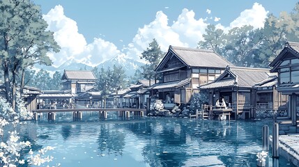 Fototapeta premium Tranquil Japanese Village with Traditional Houses and a River.
