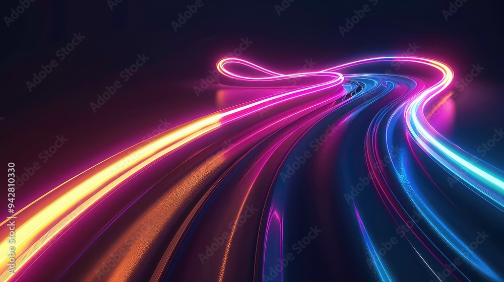 Sticker Abstract neon light trails in purple and yellow.