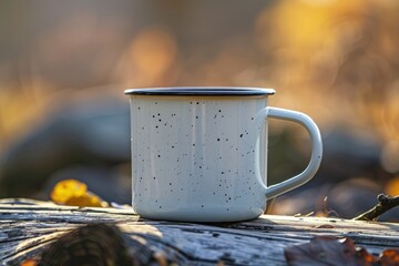 A white coffee cup perched on the top of a log, great for nature-themed images or illustrations about daily routines