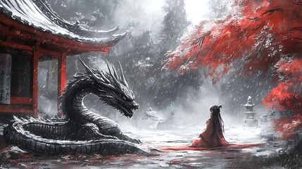 A Dragon Watches A Woman Kneel Before A Red Pagoda in a Snowy Forest.