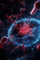 Metastasis is depicted under a microscope, surrounded by innovative digital interfaces that aid in its treatment. 