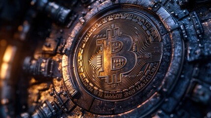 Fototapeta premium Bitcoin icon locked within a digital vault, surrounded by layers of secure encryption keys, [Bitcoin], [vault encryption].