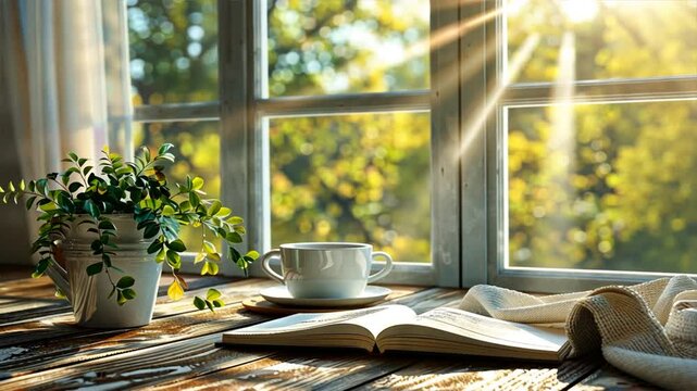 A white cup sits on a wooden table next to a book and a potted plant. The sunlight streaming through the window casts a warm glow on the scene, creating a cozy and inviting atmosphere