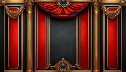 Ornate Gold and Black Frame with Red Background and Drapery