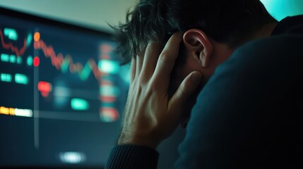 A stressed individual dealing with financial loss, showing despair while observing market data on a computer screen.