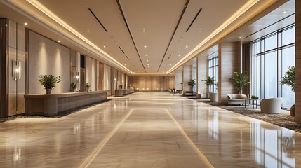 Opulent Empty Banquet Hall with Glossy Surfaces, Rich Textures, and Modern Minimalist Decor