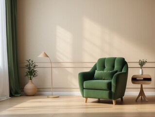 Green Armchair with Floor Lamp and Side Table in a Modern Living Room