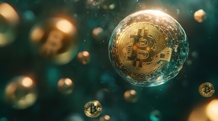 Bitcoin floating in a digital sphere surrounded by cryptographic patterns, representing financial security, [Bitcoin], [secure finance].