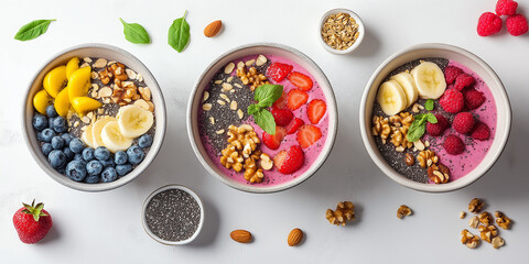 Modern breakfast scene with smoothie bowls topped with chia seeds, nuts, and sliced fruits, set on a minimalistic kitchen island.