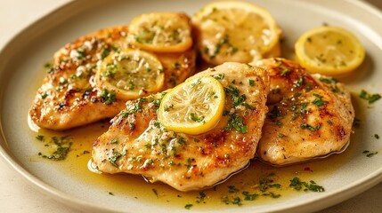 Stylish Presentation of Light-Colored Chicken Piccata with a Wide Shot, Exuding Elegance and Appetizing Flair on a Light Background