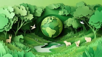 A vibrant paper cutout scene depicting a lush forest with wildlife and a globe symbolizing nature and environmental conservation.