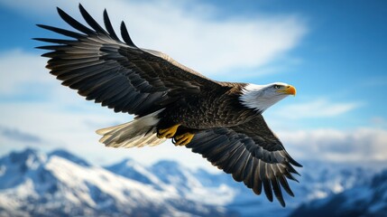 Naklejka premium Bald Eagle Soaring Against a Snowy Mountain Background
