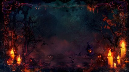 Fototapeta premium Whimsical Halloween Night with Jack-o'-Lanterns, Candles, and Spiderwebs, Dark Fantasy Background with Copy Space