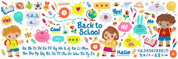 Back to school cartoon set with student kids character, English althabet and school supplies isolated on background. Elementary school vector elements collection. Numbers and letters calligraphy
