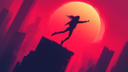 Silhouette of a Woman Jumping from a Building with a Big Orange Sun in the Background.