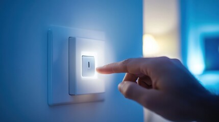 Close-up of hand turning on light switch in home interior, energy conservation concept