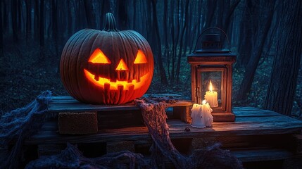 Obraz premium Haunting Halloween atmosphere with a carved pumpkin on wooden planks, illuminated by a lantern and candle, set against a backdrop of dead trees in the dark night