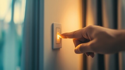 Close-up of hand turning on light switch in home interior, energy conservation concept