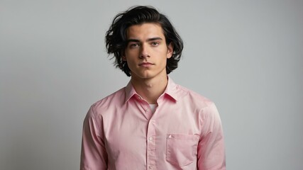 Obraz premium teen stunning black hair white man with pink shirt model portrait standing straight on a white wall for ad concept space for text