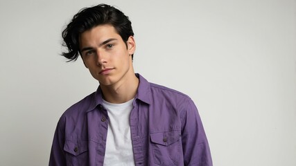 Fototapeta premium teen stunning black hair white man with purple shirt model portrait standing straight on a white wall for ad concept space for text
