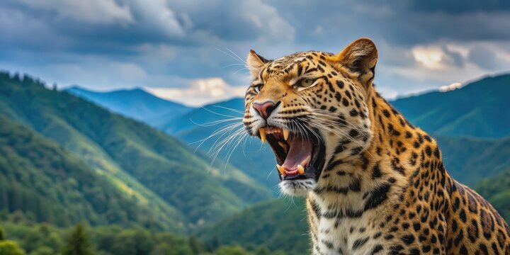 Amur leopard showing teeth and roaring in forest with mountains in background, Amur leopard, prowling, teeth