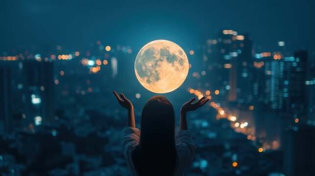 Young woman hand holding super moon with skyscraper view in night sky and lake,building officegalaxy and starry night,pray,fantasy, full moon on Thanksgiving Day,Romantic night scene.