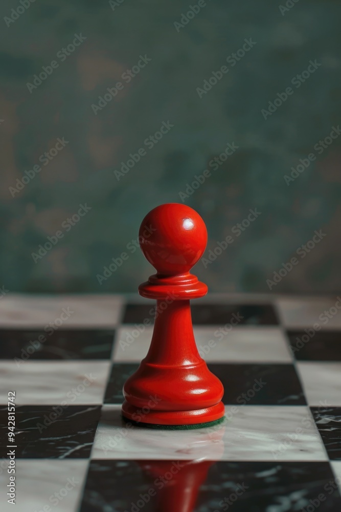 Poster a single red pawn sits on a black and white checkered floor, ready for play