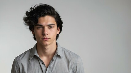 Fototapeta premium teen stunning black hair white man with gray shirt model portrait standing straight on a white wall for ad concept space for text