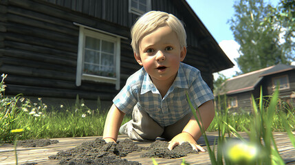 A curious toddler crawls on a wooden pathway in a rural setting, exploring the outdoors near a rustic wooden house on a sunny day.
