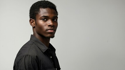 Obraz premium teen stunning black hair subsaharan african man with generic shirt model portrait standing straight on a white wall for ad concept space for text