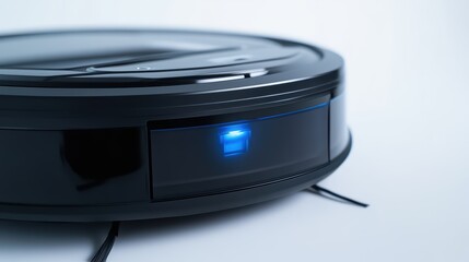 Fototapeta premium Close-up of a modern robotic vacuum cleaner showcasing its sleek design and illuminated power indicator on a clean surface.