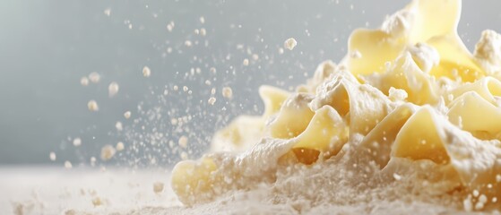 Close-up of flour spilling over fresh pasta, showcasing the texture and ingredients for delicious homemade cooking.