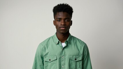 Obraz premium teen stunning black hair subsaharan african man with generic shirt model portrait standing straight on a white wall for ad concept space for text
